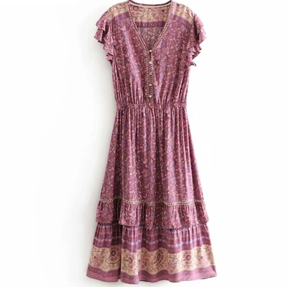 Dahlia Gypsy Dress mulberry floral boho spell S midi free spirit hippie ruffle